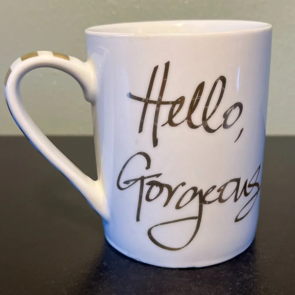 Pier 1 Hello Gorgeous Gold Ceramic Coffee Mug 14oz White Metallic Script